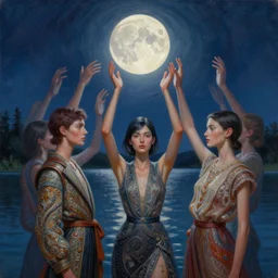 3 d, close - up, group of fashion models standing in a night lake with their hands raised to the bright moon, moon ryas, intricate oil painting, high detail, figurative art, multiple exposure, poster art, 3 d, by tooth wu and wlop and beeple