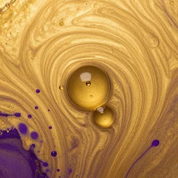 beautiful liquid marble texture with big oil bubbles. harmonic chromatic golden tones coloured abstraction with purple splashes. ultradetailed realistic art