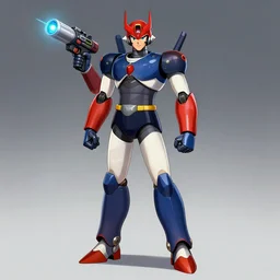 character design digital 2 d man mazinger cyborg colored armor with and hologram gun by gaston bussiere, anna nikonova aka newmilky, greg rutkowski, yoji shinkawa, yoshitaka amano, tsutomu nihei, muira, moebius, donato giancola, trending on artstation, featured on pixiv