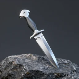 silver dagger stuck in a rock, dramatic lighting, octane render, unreal engine, hyperrealistic, 3 d rendering, digital art