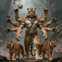 a person with six arms, mutant, goro, vishnu, fantasy art portrait, ultra realistic, cinematic, wide angle, tiger pattern skin, highly detailed by boris vallejo, scott roberston, neville page, aaron horkey, wayne barlowe, craig mullins, roberto ferri, hajime sorayama