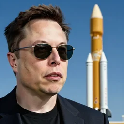 picture of elon musk wearing sunglasses and his spacex falcon 9 rocket in the background, good lighted photo, sharp details, detailed, hd, hdr