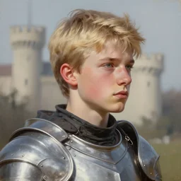 a blonde male teenager wearing a silver plate armor, digital painting, digital art, oil painting, masterpiece, realistic and detailed face, profile picture, realistic, highly detailed, high quality, symmetrical, low contrast, trending on deviantart, soft colors, soft lighting, face portrait, beautiful, elegant, castle in the background, bokeh, artgem style