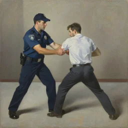 a painting of a cop putting down a man by george condo