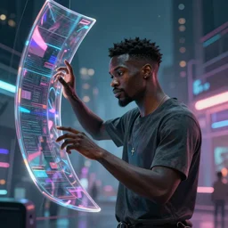 handsome black genius infiltrating the metaverse, cinematic and dramatic, curved translucent holographic displays, urban atmosphere, cmyk glowing lights, highly detailed, digital painting, artstation, concept art, smooth, sharp focus, illustration, art by wlop, mars ravelo and greg rutkowski