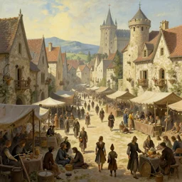A bustling medieval market in a medieval city, fantasy, by Ted Nasmith