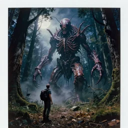 embodiment of insectile cosmic horror an insect forest god towering over a terrified hiker in a moonlit forest clearing, corporeal chitinous flesh spun solid from beam and vapour. dirt, grime, leaf litter, epic composition large scale octane render digital art sharp focus night time eerie 4 k haunted polaroid