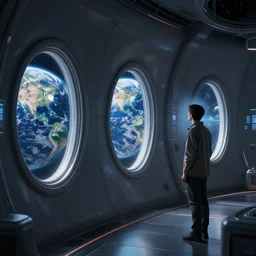 humans looking earth at oval windows in a futuristic space station, hyperdetailed, artstation, cgsociety, 8 k