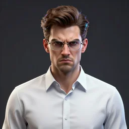 portrait of james rolfe, angry video game need, avgn, wearing a pair of thin glasses and dresses in a white dress shirt, octane render, trending on artstation, symmetrical artwork. cinematic, hyper realism, highly detailed, octane render, 8 k, iridescent accents