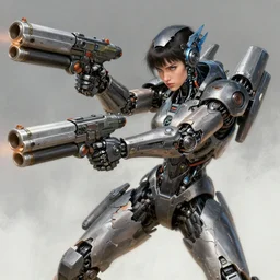 sci - fi art, ripped girl cyborg with big prosthetic guns prepares for battle, art by fred gambino