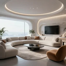 A realistic photo of a futuristic living room