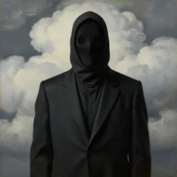portrait of a faceless grim reaper in a suit, clouds in the background, by rene magritte, detailed painting, distance, middle centered, hd, hq, high resolution, high detail, 4 k, 8 k