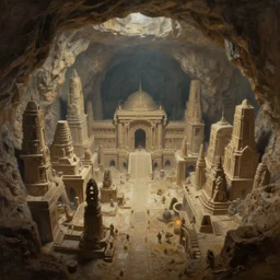 ancient subterranean megacity in an enormous cave, Painting, Fine Art, Oil Paint, Cinematic, Dramatic, 3-Dimensional, Artstation, Octane render