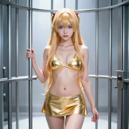 a very beautiful young yuuki asuna, full body, long wavy blond hair, sky blue eyes, full round face,, shiny golden bikini, miniskirt, front shot, locked in a bright prison cell, highly detailed, cinematic wallpaper by stanley artgerm lau