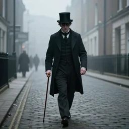 1 8 0 0 s, victorian london street, foggy, well dressed man with a top hat and cane walking down the cobbled street, concept art, horror, jack the ripper