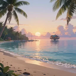 a tropical beach harbor with a Aincrad floating in the distance by Greg Rutkowski, sunrise, Trending on Artstation, serene, calm