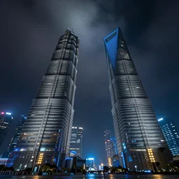 cyberpunk shanghai lujiazui in the night seen from below, cityscape, mist, rain, artstation, 8 k