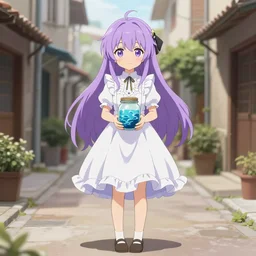 full body araara anime waifu with lavender hair white ruffly dress, holding jarred ocean. spanish ghibli alleyway. symmetrical face. symmetrical detailed defined eyes. isekai background style.