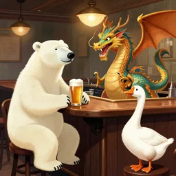a polar bear, a dragon and a goose are sitting in a bar having a pint