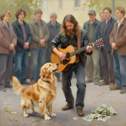 oil painting of a man with long hair and a beard with his golden retrever dog playing guitar in the square for money people watching around, by greg rutkowski, artstation