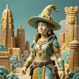 landscape city ceramic portrait happy witch queen bounty hunter cyberpunk inca in tribal regalia, an idea seep's into infinity highly detailed in volumetric latent space, golden turquoise, cinematic light, sharp focus, divine realm of gods, octane render,