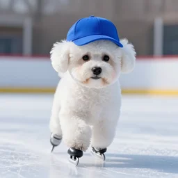 a photorealistic picture of a white bichon puppy wearing a blue baseball cap and skating on ice Trending on Artstation, featured on Behance, well-rendered, Unreal Engine, 4K HD