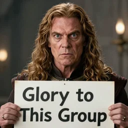 Gowron the Klingon glaring with wide eyes and holding a sign reading Glory to This Group, photo realistic, 4k, movie still, detailed
