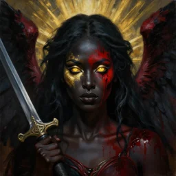 portrait of the god of death, eyes made of gold, yellow eyes, beautiful female face, angelic, black woman, golden eyes, dark, blood, by jeremy mann, by lucian freud, oil painting, god rays, female warrior, warrior face painting red, wings, gothic, holding a weapon, intricate, highly detailed, trending on artstation, award winning, cinematic