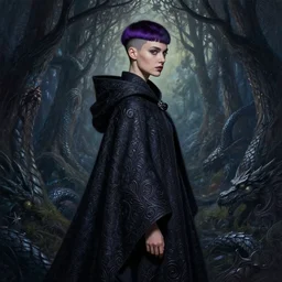 side portrait beautiful young female model, witchy outfit large cloak, fantasy forest landscape, dragon scales, fantasy magic, undercut hairstyle, short purple black fade hair, dark light night, intricate, elegant, sharp focus, illustration, highly detailed, digital painting, concept art, matte, art by wlop and artgerm and greg rutkowski and alphonse mucha, masterpiece