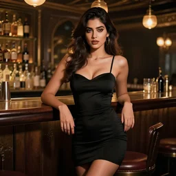 sensual delhi girl in a little black dress at the bar, by cedric peyravernay, highly detailed, excellent composition, cinematic concept art, dramatic lighting, trending on artstation