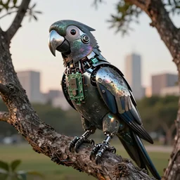 robot technological parrot bird with chrome beak, metal wings, perched in a park tree at golden hour, city background, complex electronics circuit board and wires, iridescent, grunge and dirt, glowing eye, sharp details, subdued color, octane render, designed by apple and tesla, imax