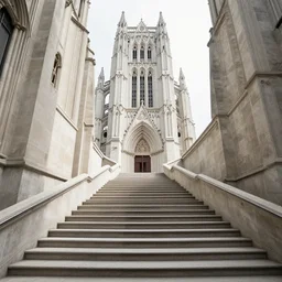 a winding staircase leading up to a towering cathedral.