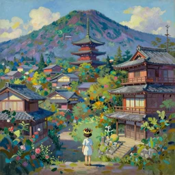 tiny kind wearing a crown in front of a beautiful japanese city in the mountain, amazing ryokans and gorgeous edo era houses, epic cyberpunk, lofi vibe, vivide colors, amazing light, really beautiful nature, oil painting, impressionist style, by jeremy lipkin, by claude monet, by makoto shinkai, kandinsky touches, multiple brush strokes, by ghibli, masterpiece