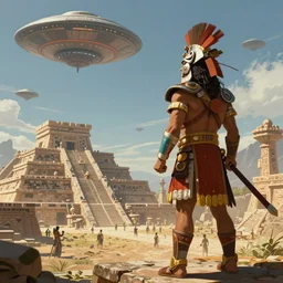 A fierce Aztec warrior watches ufos landing at an Aztec temple. epic sci-fi fantasy artwork by Sylvain Lorgeou. Trending on artstation