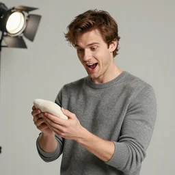 richard iv the roman king, excited real human wearing cashmere shirt, soft studio lighting, sigma lens photo, he is alone holding something soft