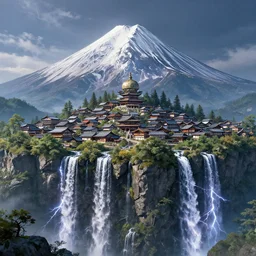 a japanese village on top of mount olympus by paolo eleuteri serpieri and tomer hanuka and chesley bonestell and daniel merriam and tomokazu matsuyama, lightning, waterfalls, viewed from a low angle, unreal engine, high resolution render, featured on artstation, octane, 8 k, highly intricate details, vivid colors