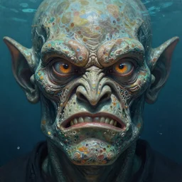 ultra realist and ultra intricate detailed soft painting of an ancient creature angry boss in the ocean underwater environment, reflections, focus, detailed, realistic eyes, horizontal partial symmetry features proportions, intricate facial skin details, award winning, trending in cgsociety artstation deviant art, octane render