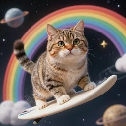 a chubby tabby cat surfing on a rainbow in outer space, diffuse lighting, fantasy, intricate, surrealism!!!!, highly detailed, lifelike, photorealistic, digital painting, artstation, illustration, concept art, smooth, sharp focus,