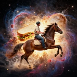 a sandwich riding a horse in a explosion of a nebula, digital art
