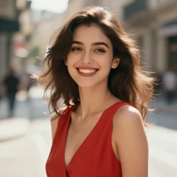 blurry close up photo portrait of a smiling pretty woman in a red sleeveless dress, out of focus, street scene