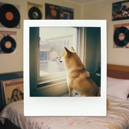photography polaroid of shiba inu watching outside the window. on a bed. in a 70's room full of vinyls and posters, photorealistic, award winning photo, 100mm, sharp, high res