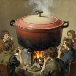 a massive dutch oven with people drinking in front of it, oil painting
