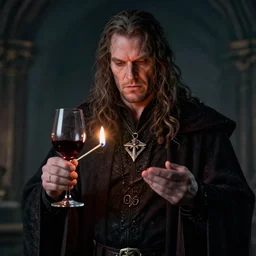 strahd von zarovich holding a glass of red wine and a lit match