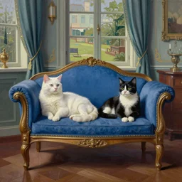 a white cat and a tuxedo cat lounging on a blue!!! chaise lounge in a victorian parlor, surrealist, matte oil painting by jeffrey smith, cubism, detailed, intricate