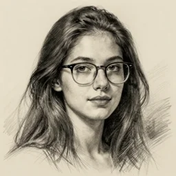 Portrait of a woman, long hair, glasses, pencil sketch, concept art