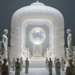 simplicity, inside a sci - fi white inflatable temple with a luminescent sphere floating in the middle, marble sculptures of a crowd people surrounding it, ultra detailed, by moebius, by simon stalenhag, by gustave dore, by andrew jones, ethereal, cinematic, 8 k, volumetric lighting,