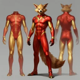 character design sheet - aardvark man - skin tight suit - red and gold color scheme