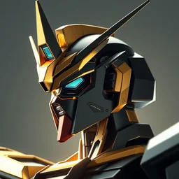 gundam head, v - fin, octane render, soft light, mekka, behance, vector, highly detailed illustration, realistic, black and gold metal design, dribbble. com, by secondsyndicate studio,