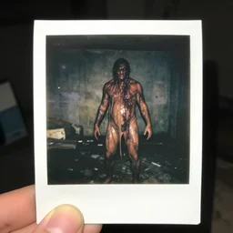 1 9 8 5, polaroid camera, flash, pov : : 2 0, old abandoned basement : : 1 5, male : : 4 0 creature, standing : : 1 5, meat, ooze, slime, veins, wet