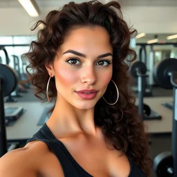 small chin female influencer mona lisa face in gym instagram selfie photo staring at camera with curly hair in gym photo # gym # photography # beauty